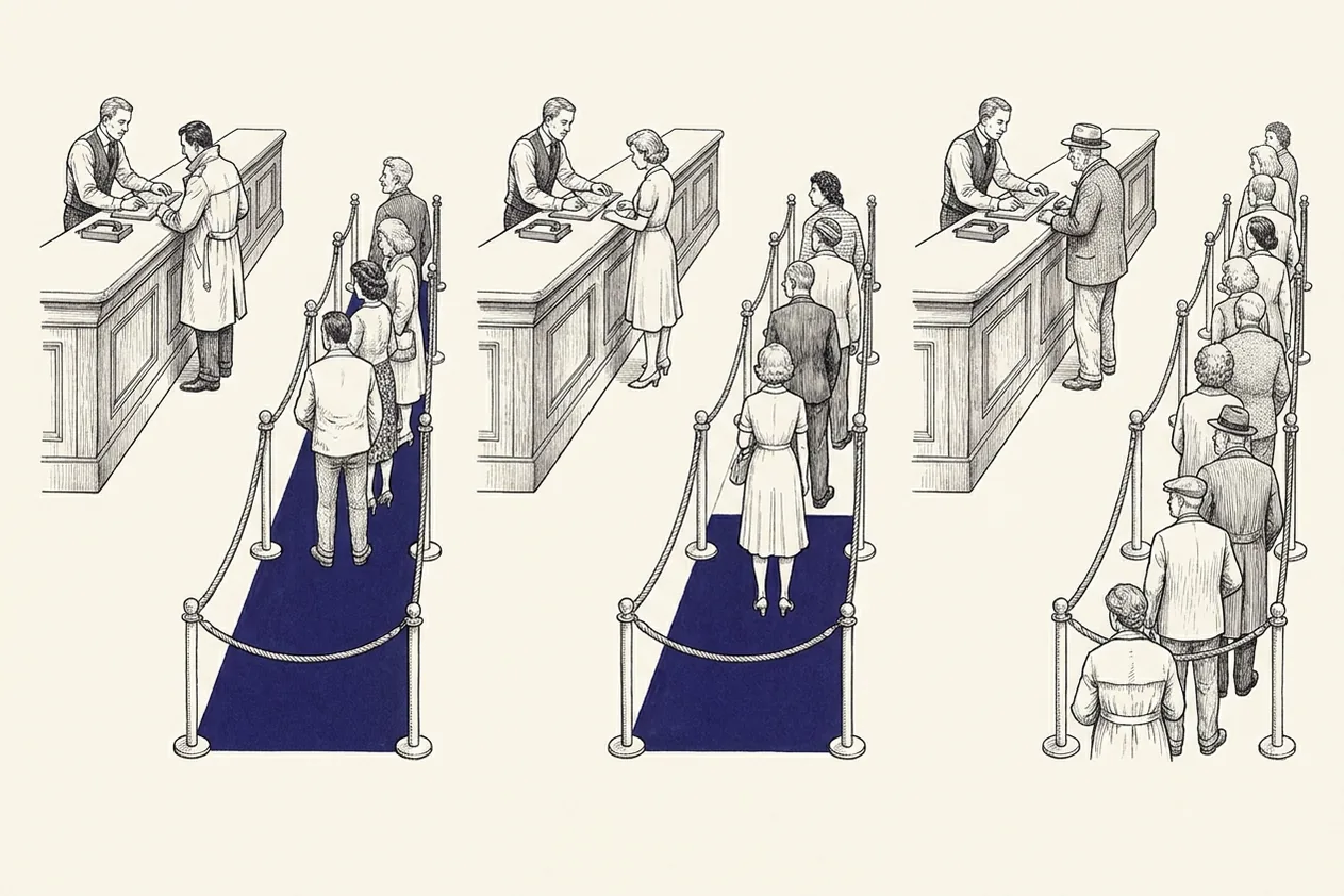 The same service counter drawn three times in a row. In each one a single clerk serves a single person, and a rope on posts marks out one waiting lane running away from the counter, with the queue standing in it. The three are identical except for the stretch of bare floor between the last person in the line and the far post, which is shaded solid in the first two and is the only shaded thing in the picture. In the first it is half the lane. In the second it is half of that. In the third there is none of it: the lane is full to the last post and the queue continues past the post and out of the frame.